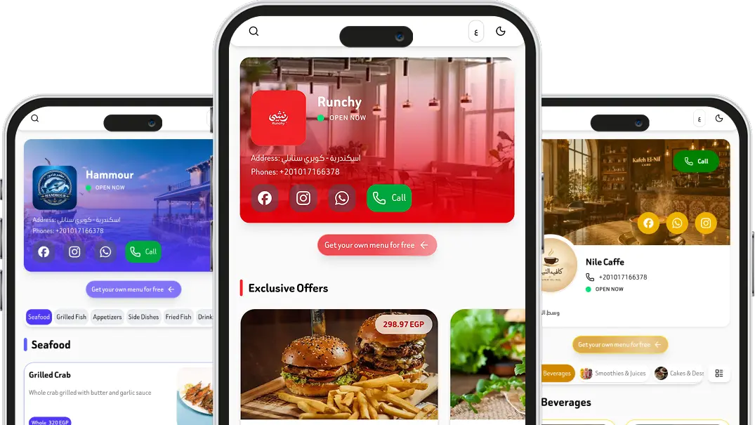 DG Menus digital QR menu shown on a phone — restaurant menu with categories, photos, and prices