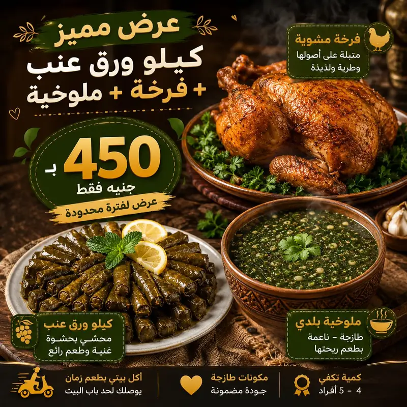 فرخة مشوية مع ورق عنب وملوخية